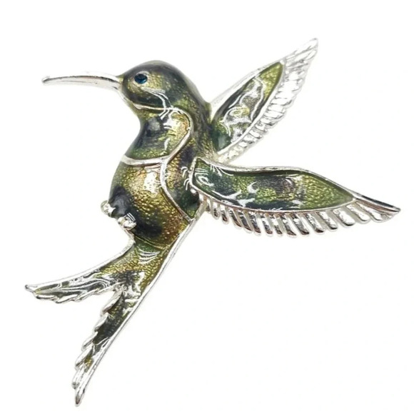 Hummingbird Green Enamel Rhinestone Eyes Brooch Pin Silver Tone Vintage - Picture 1 of 4